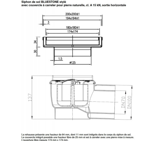 Siphon de sol 20x20 cm pour pierre bleue Bluestone Inox ACO - 4