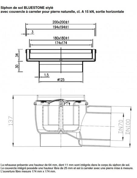 Siphon de sol 20x20 cm pour pierre bleue Bluestone Inox ACO - 4